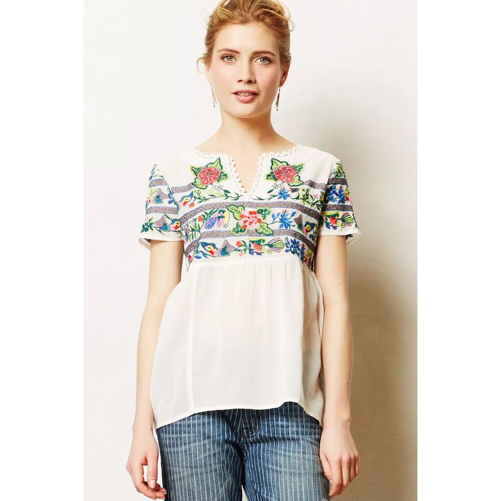 Vanessa‎ Virginia Anthropologie Moineau Bouquet Embroidered Boho Blouse Floral 0